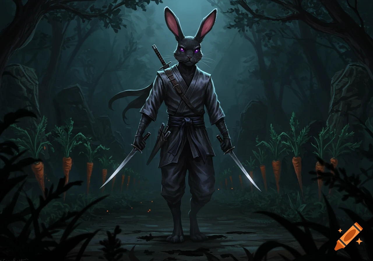 An anthropomorphic black rabbit ninja with glowing purple eyes stands in a dark forest, holding two swords, surrounded by glowing carrots.