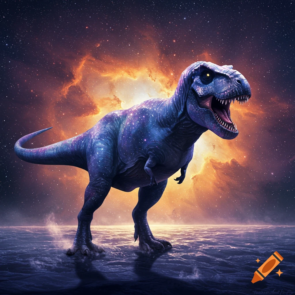 A starry, purple Tyrannosaurus Rex stands on a reflective, dark surface under a vibrant cosmic sky with nebulae and stars.