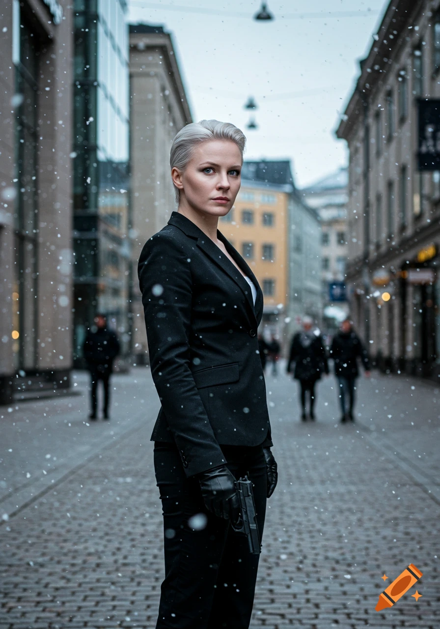 Photorealistic image of a blonde woman in a black suit and gloves holding a pistol on a snowy city street.