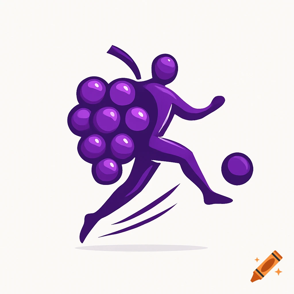 Stylized purple logo of a person made of grapes kicking a soccer ball on a white background.