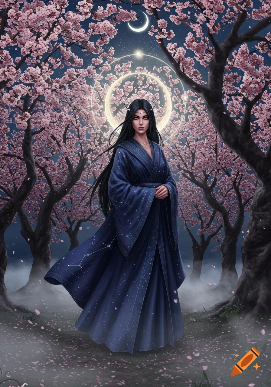 A dark-haired woman in a star-patterned blue robe stands in a mystical cherry blossom forest at night under a crescent moon. Fantasy art style.