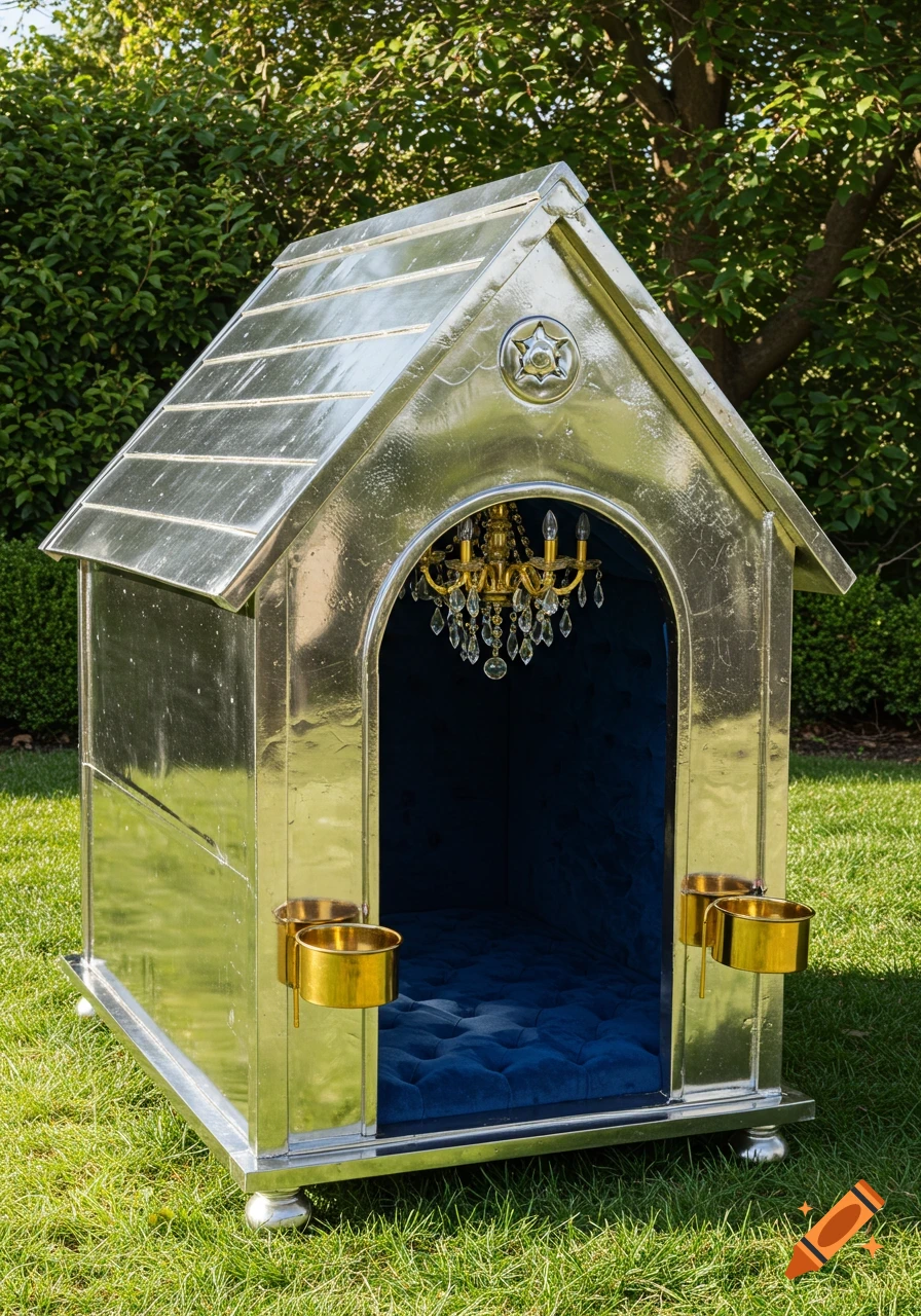 A luxurious dog house with a polished platinum exterior, blue velvet interior, gold bowls, and a crystal chandelier, set on green grass.