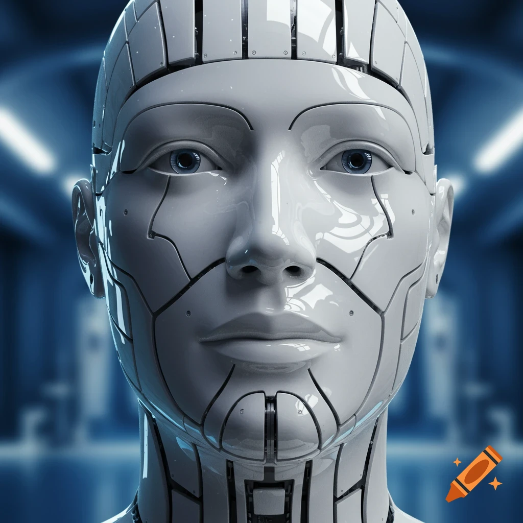 Photorealistic close-up of a white humanoid robot face with blue eyes and intricate ceramic-like paneling.