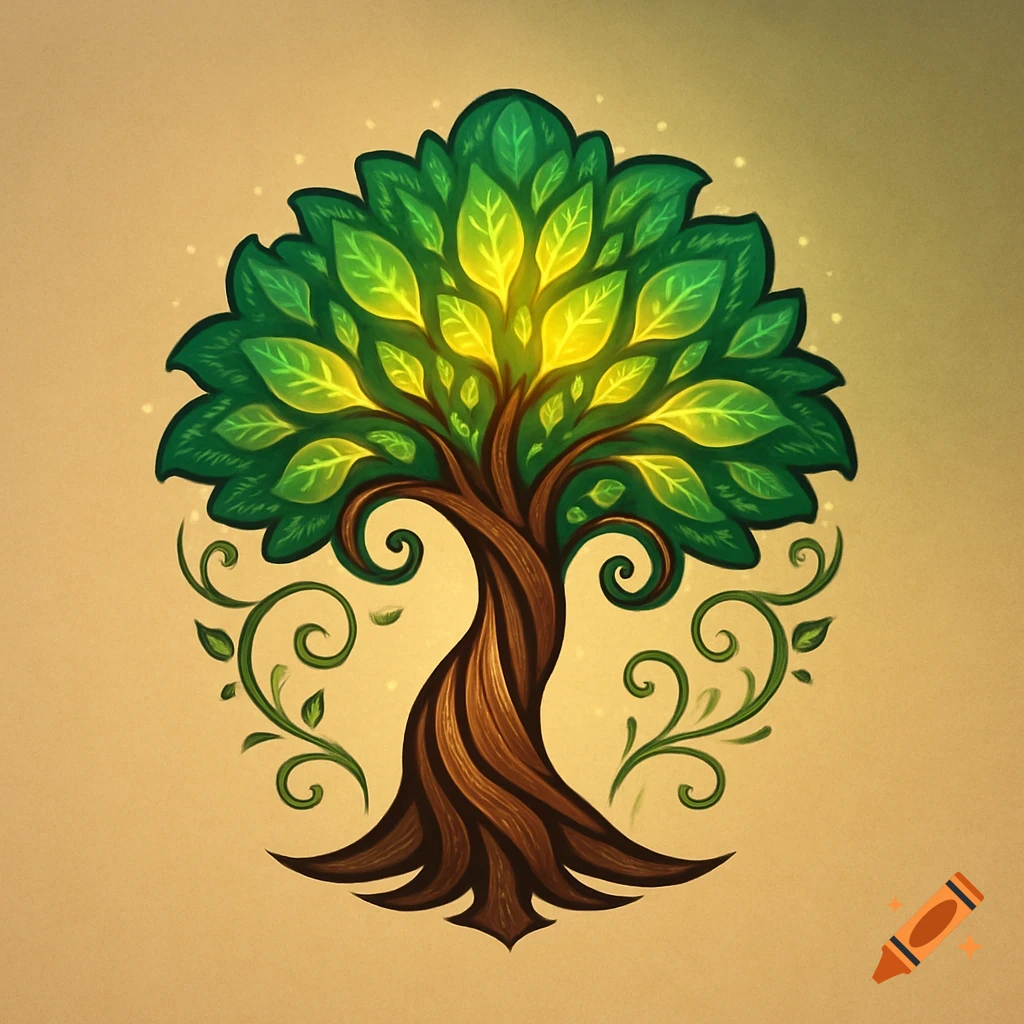 Stylized fantasy tree logo with glowing green and yellow leaves, a twisted brown trunk, and decorative swirling vines on a warm beige background.