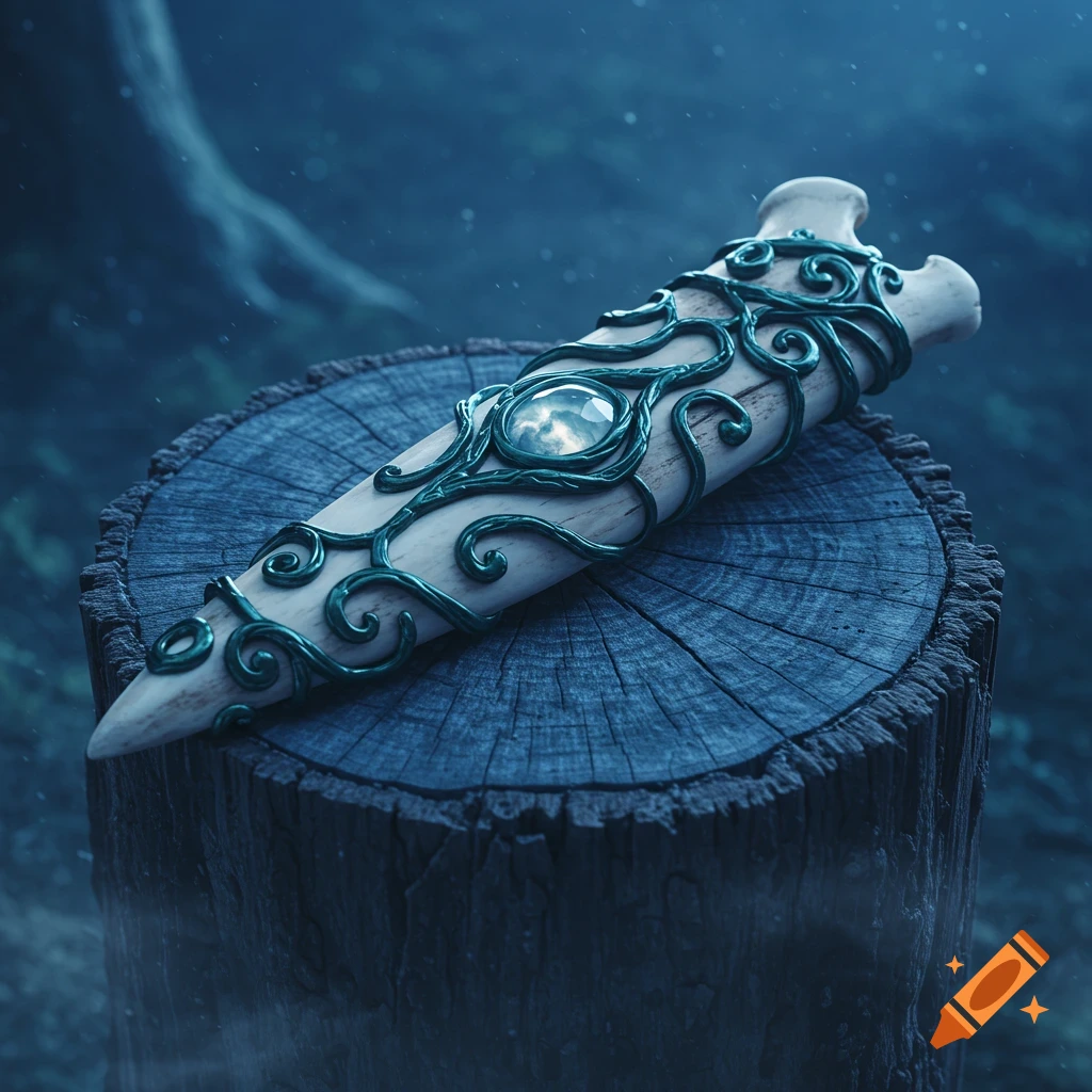 A decorative bone sheath with swirling dark green metal and a cloudy gem sits on a tree stump in a moonlit, misty forest.