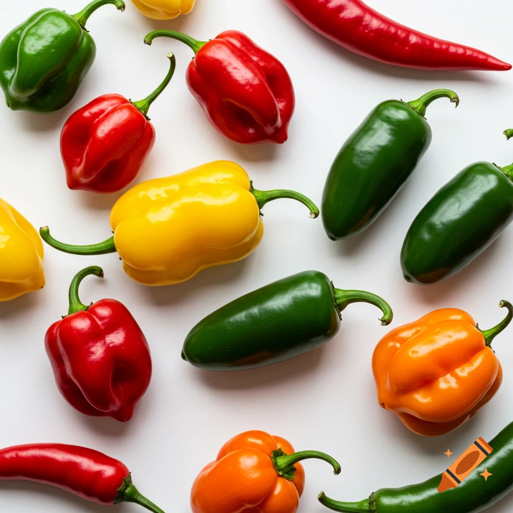 Assortment of red, green, yellow, and orange hot peppers laid out on a white background, top-down view.