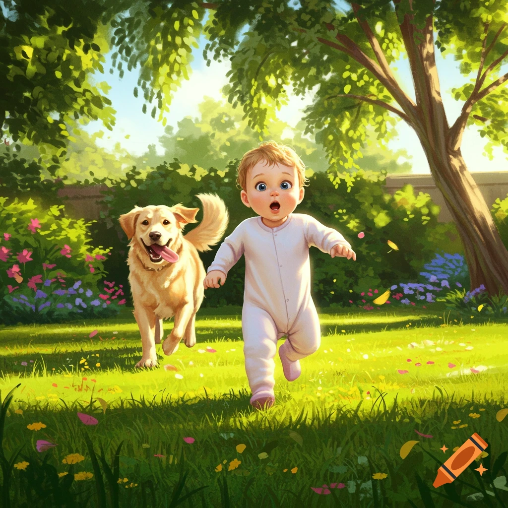 A wide-eyed baby in a onesie runs through a sunny green garden, with a happy golden retriever trotting behind, digital art.