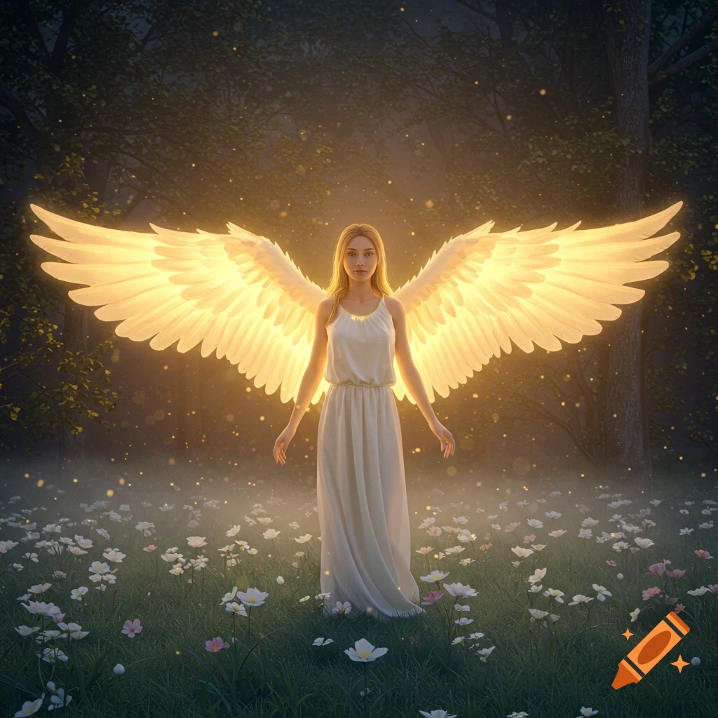 A blonde woman with large glowing white wings stands in a misty, magical forest meadow filled with white flowers.