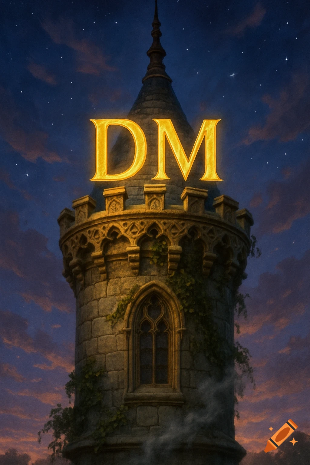 A stone castle turret, partially covered in ivy, with large glowing golden letters 'DM' at its peak, set against a dark, starry night sky with hints of orange clouds.