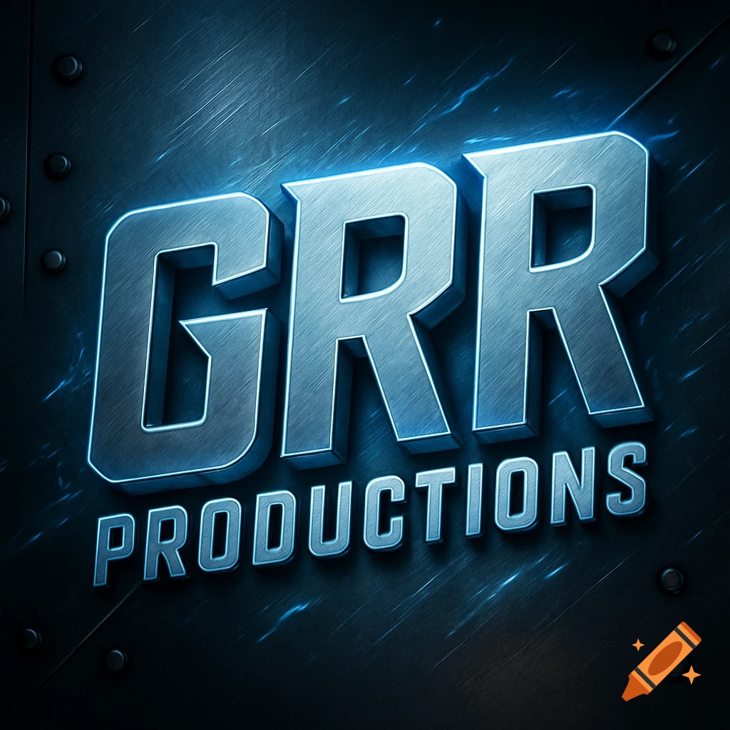 Metallic logo with blue neon glow spelling 'GRR PRODUCTIONS' on a dark, riveted metal background.