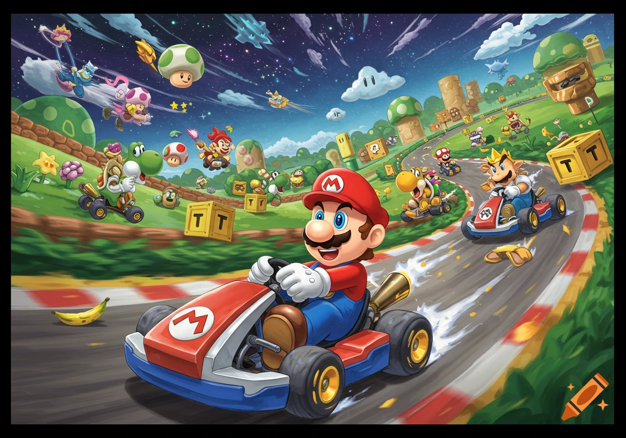 A vibrant cartoon-style Mario Kart race. Mario is in the foreground, driving his kart, with Bowser, Yoshi, and other characters on a winding track under a starry sky. Item boxes and power-ups are scattered around.