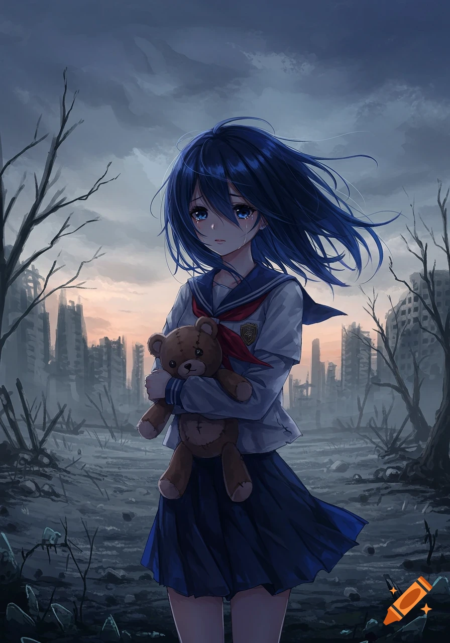 An anime girl with blue hair and teary eyes holds a teddy bear in a desolate, destroyed city under a cloudy, orange-hued sky.