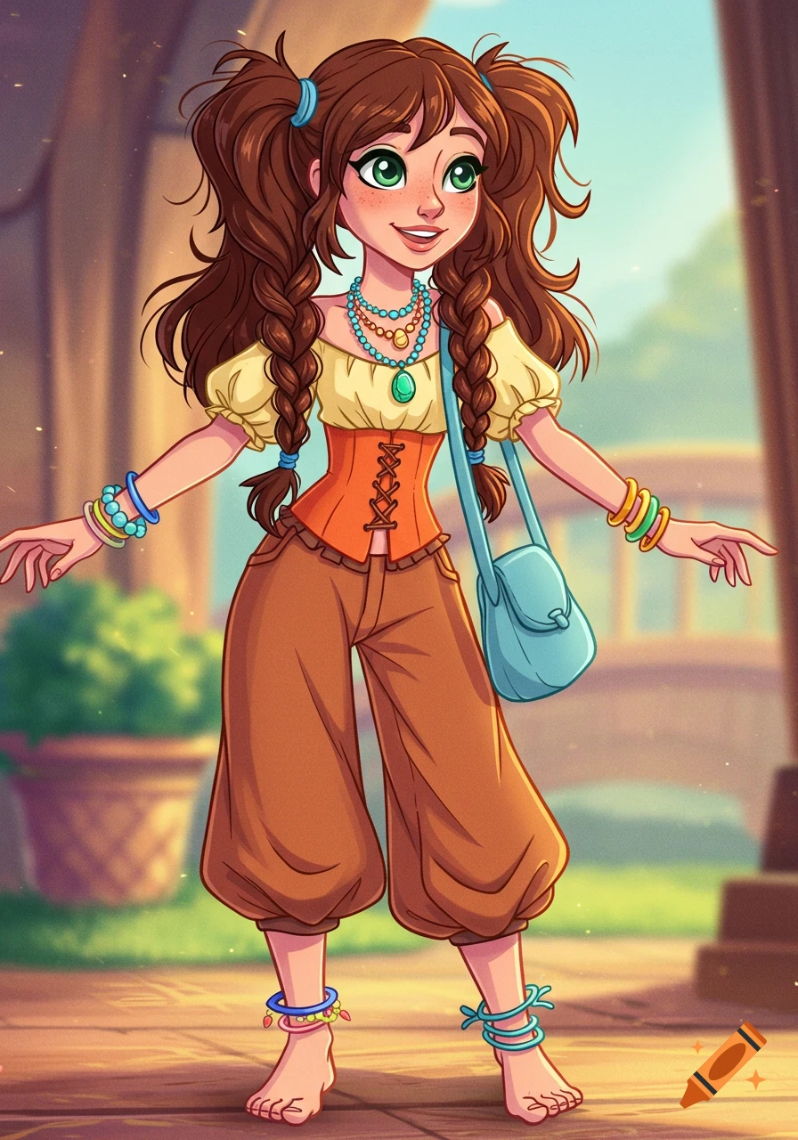 Animated young woman with braided pigtails, green eyes, yellow top, orange corset, brown pants, barefoot, and carrying a blue handbag.