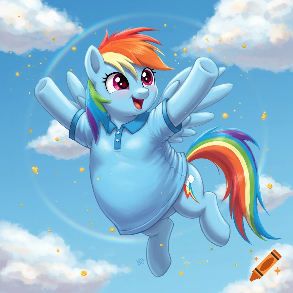 A digital illustration of an inflated Rainbow Dash wearing a light blue polo shirt, flying in a sunny blue sky with clouds and a faint rainbow.