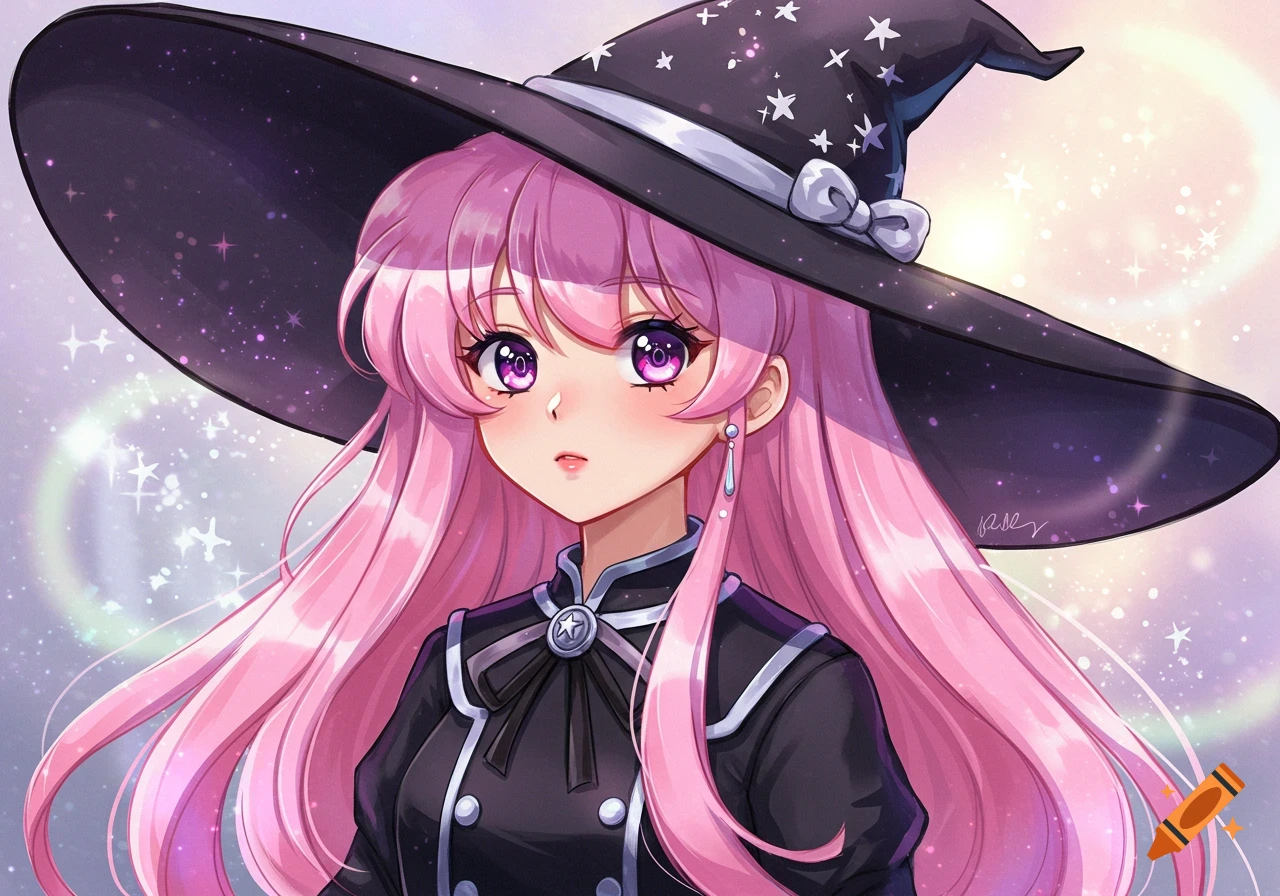 A cute anime girl with long pink hair and purple eyes wears a black witch hat adorned with stars and a black uniform.