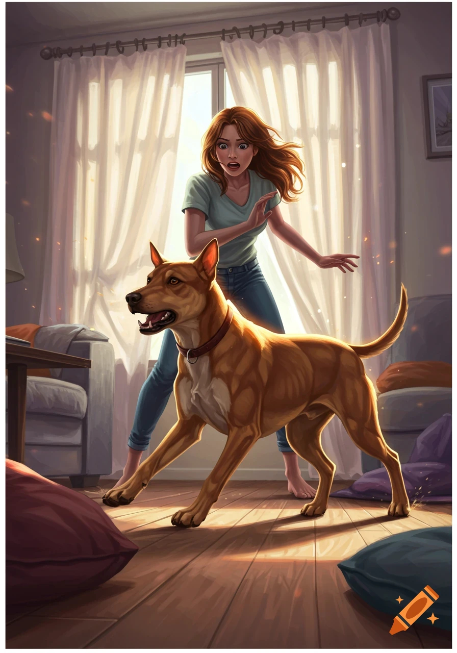 Illustrated scene of a startled woman and an alert dog in a sunlit living room.