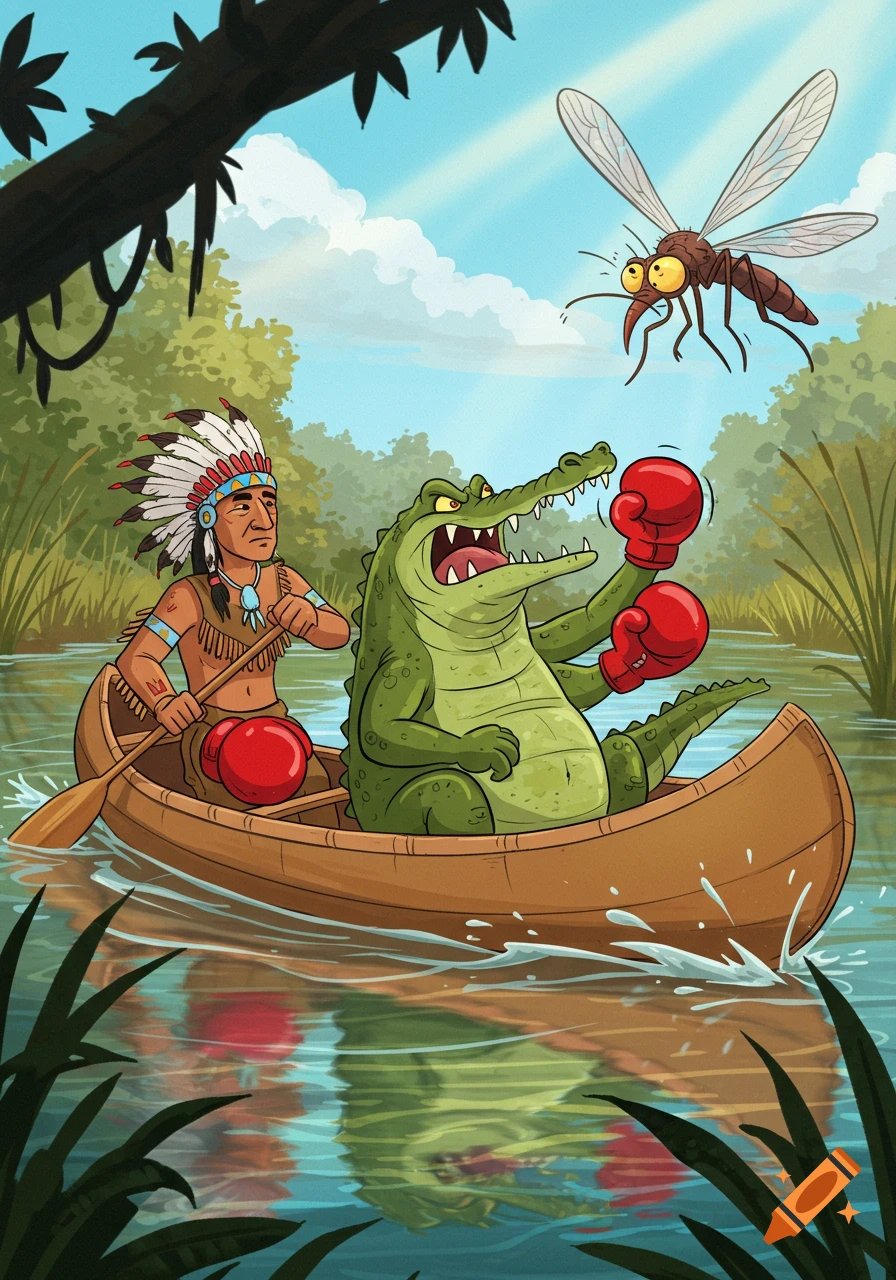 Cartoon of a Native American man rowing a canoe with an alligator wearing boxing gloves, punching a mosquito on a river.