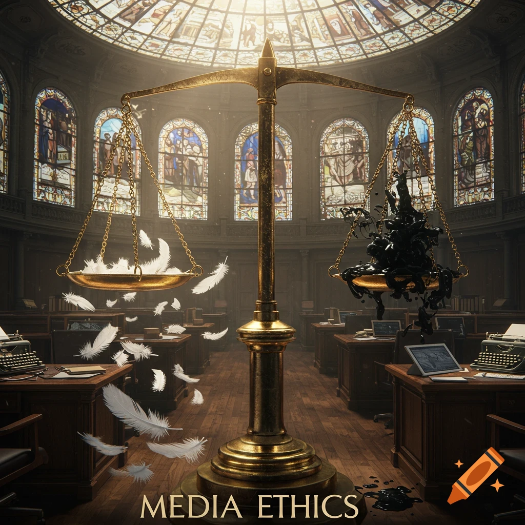 A majestic golden scale of justice in a grand courthouse with stained-glass windows. One pan holds white feathers, the other black ink splattering out. 'MEDIA ETHICS' is written below.