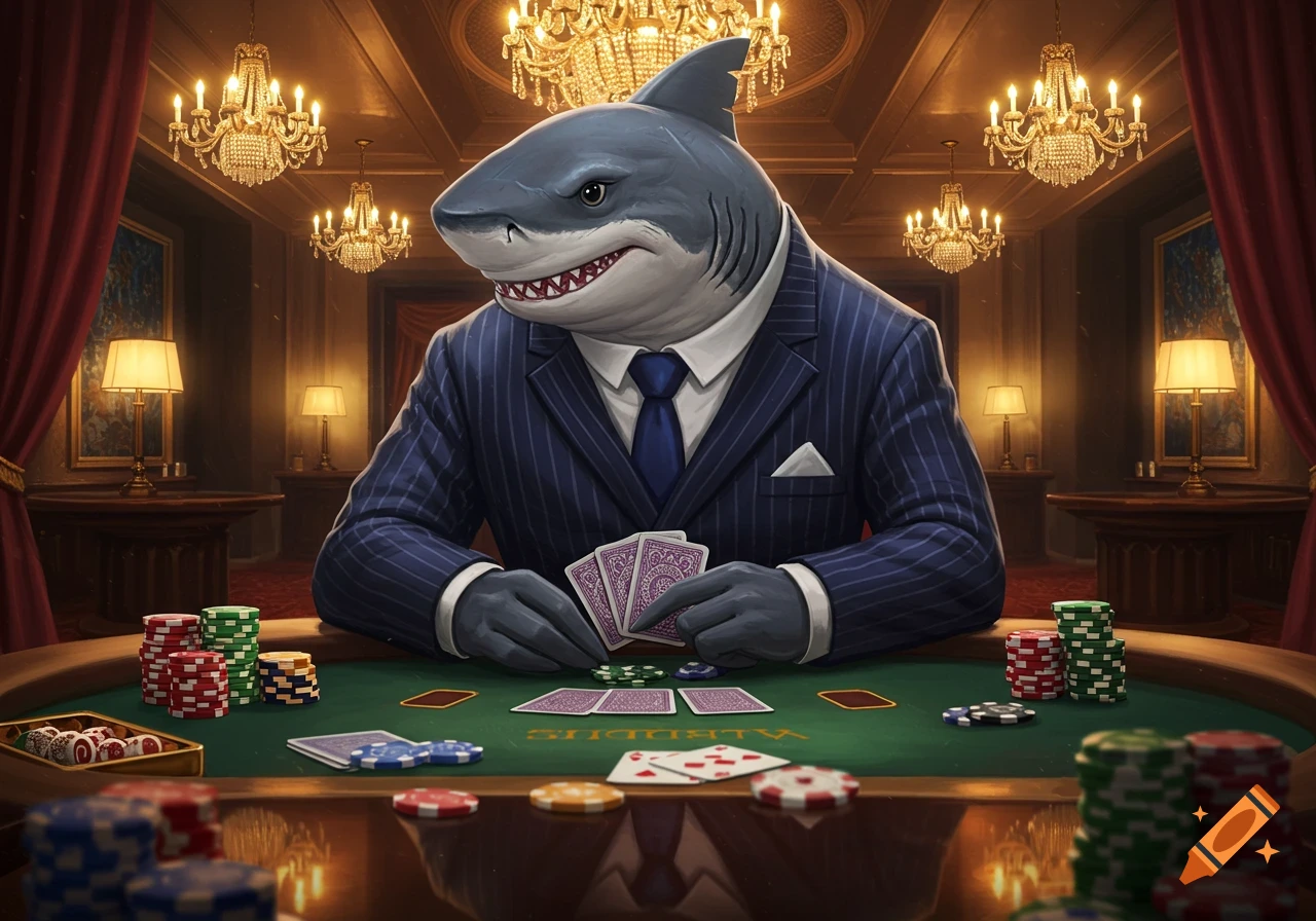 A dapper anthropomorphic shark in a pinstripe suit plays poker at a fancy casino table, surrounded by chips and cards.
