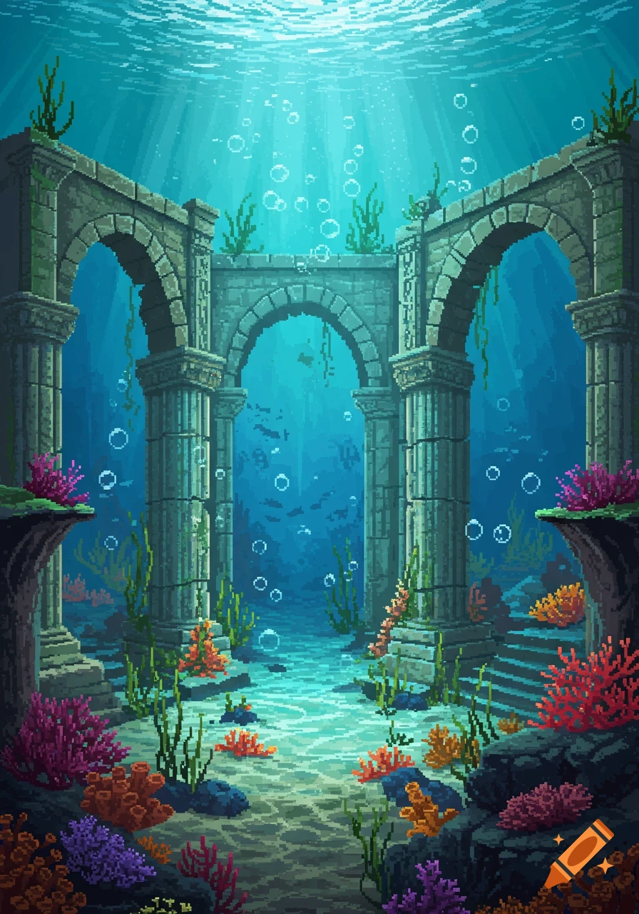 Pixel art of ancient stone ruins underwater, adorned with colorful coral and seaweed, with sunlight filtering from above.