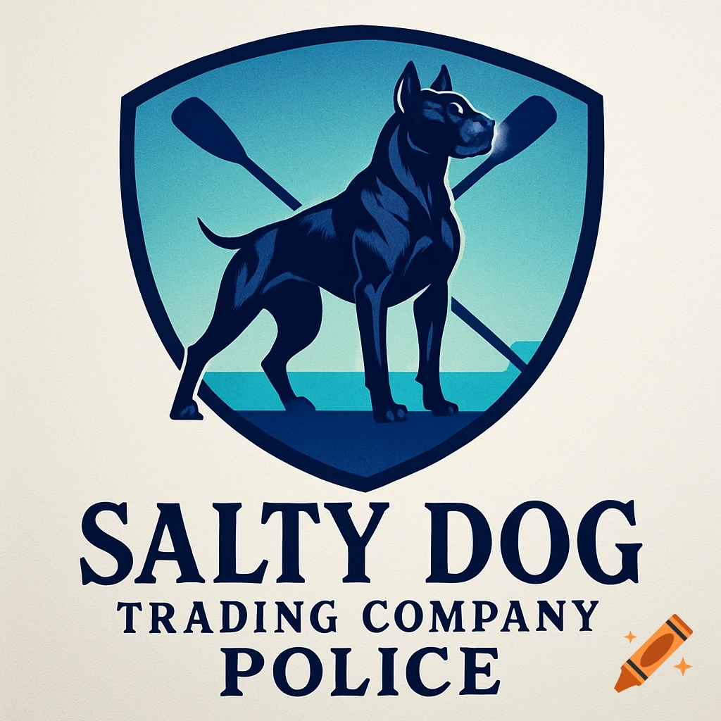 A blue and white logo features a black dog standing inside a shield with crossed oars, above the text "SALTY DOG TRADING COMPANY POLICE".
