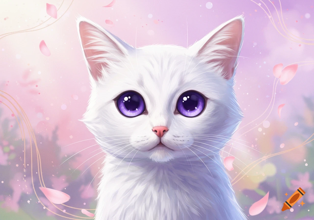 A cute anime-style white cat with large purple eyes looks forward, surrounded by soft pink and purple hues and falling petals.