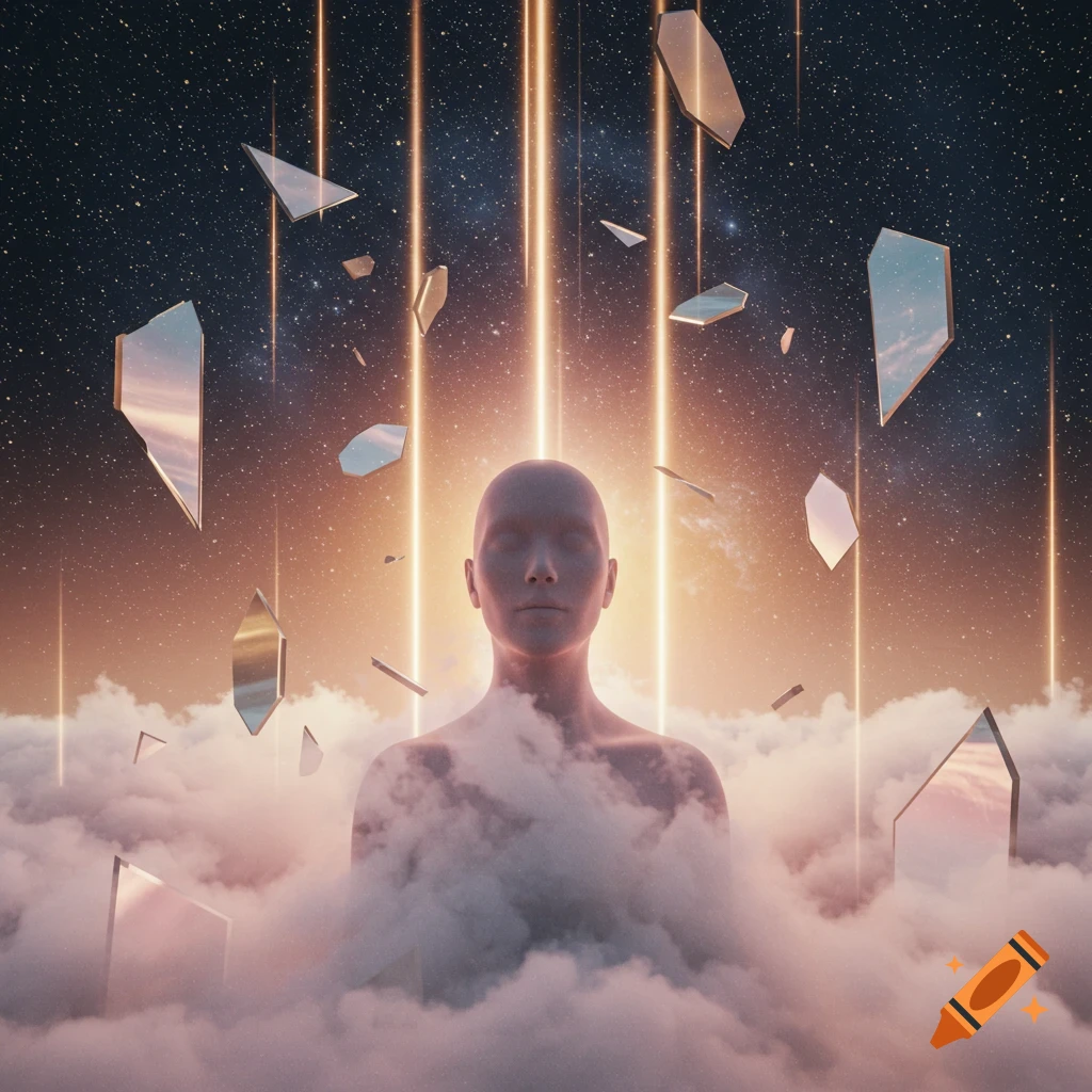 A serene, bald figure emerges from clouds, surrounded by glowing light beams and shattered mirrors in a starry, cosmic sky.