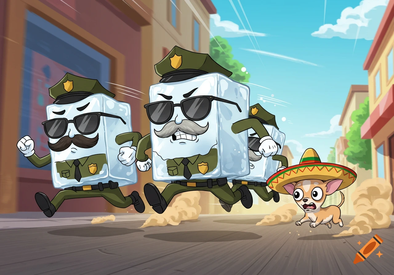 Three cartoon ice cubes dressed as police officers with mustaches and sunglasses chase a terrified Chihuahua wearing a sombrero down a sunny street.