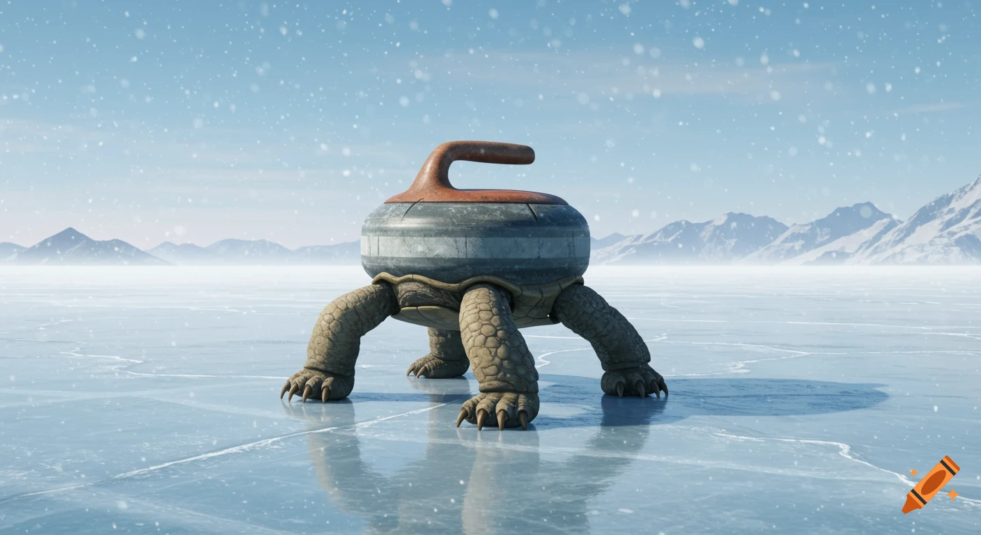 A photorealistic turtle with a curling stone shell stands on an icy plain with snowy mountains.