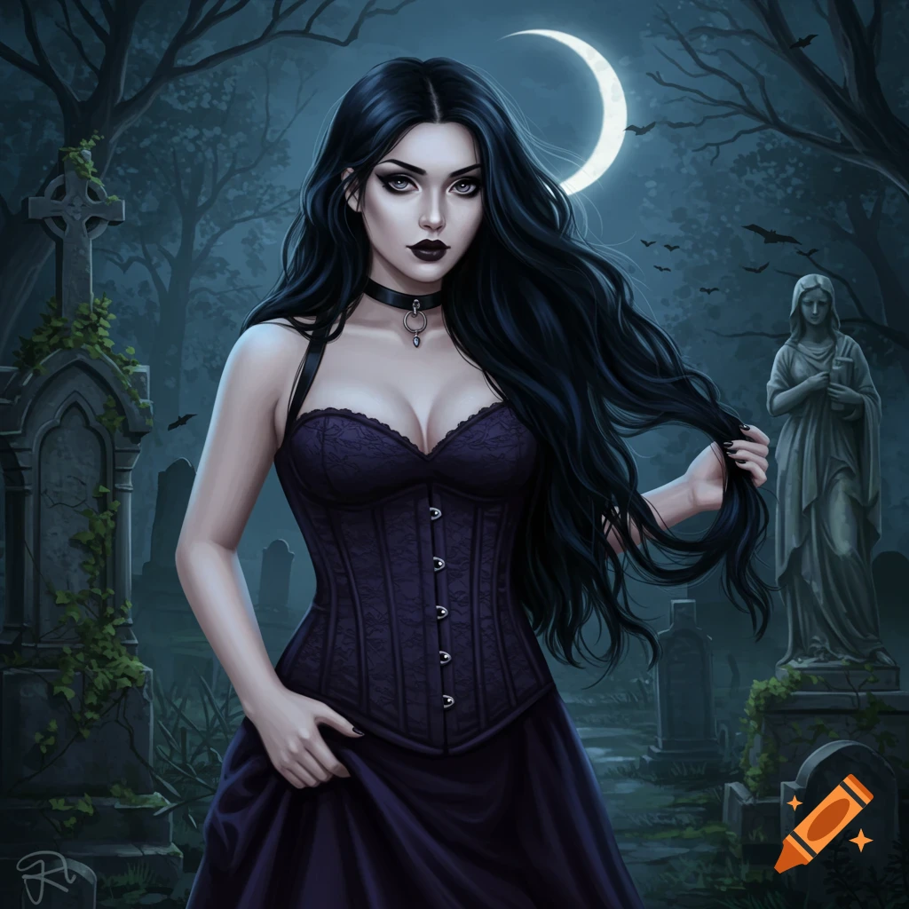 A goth woman with long black hair, dark makeup, and a purple corset stands in a moonlit graveyard with tombstones and a statue in this digital art piece.