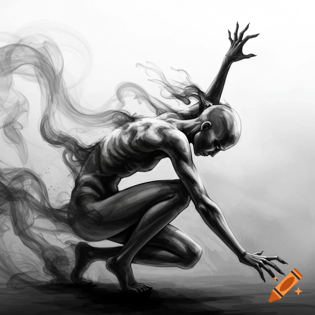 Monochromatic, skeletal figure crouching with clawed hands, surrounded by ethereal swirling smoke in an abstract art style.