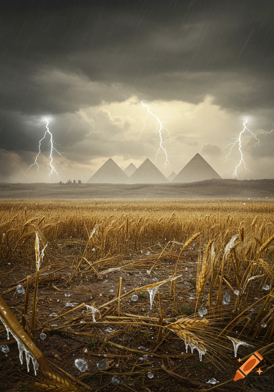 Photorealistic image of a severe hailstorm over a damaged barley field with Egyptian pyramids under a dark, lightning-filled sky.