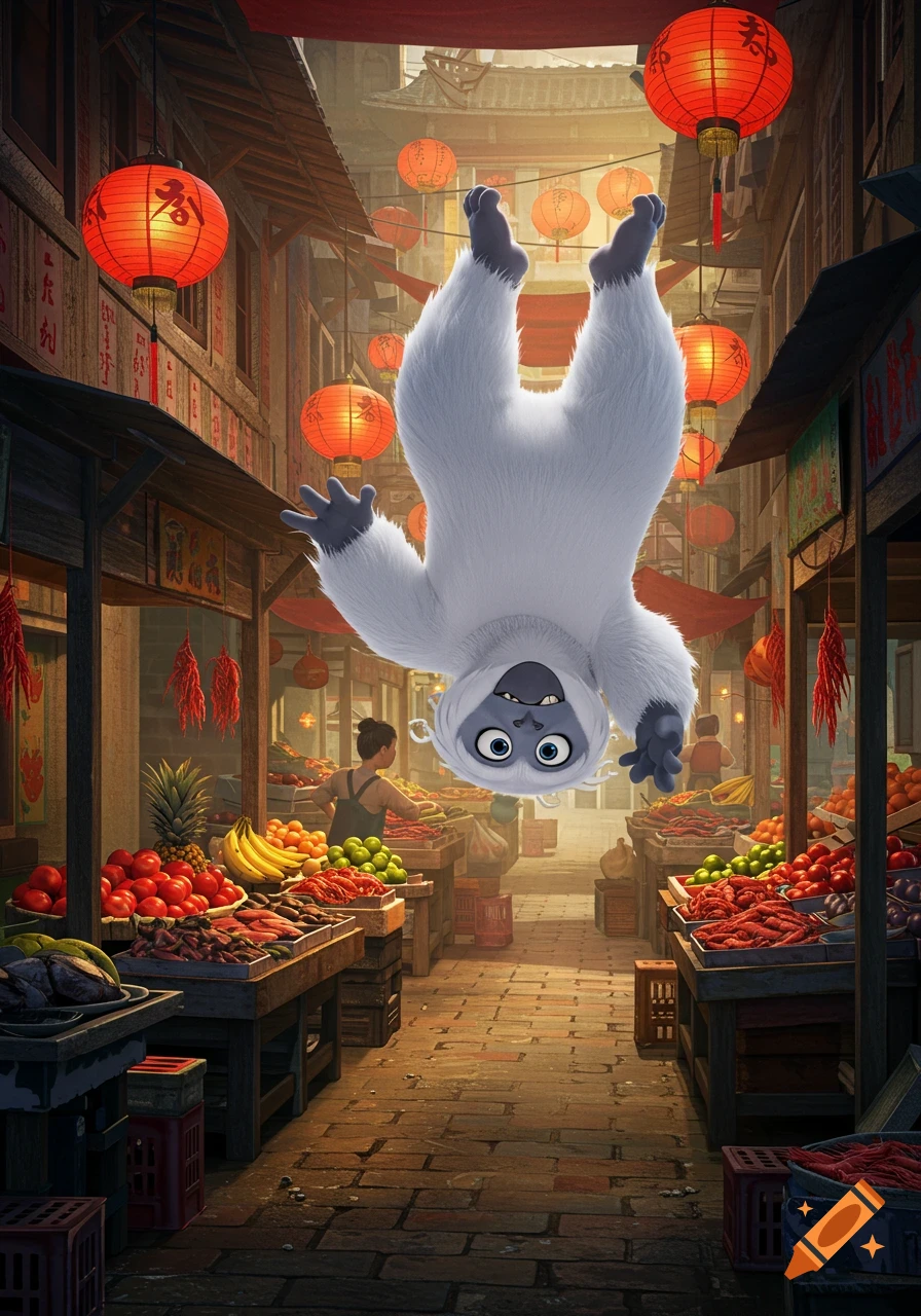 A fluffy white yeti, similar to Everest from Abominable, hangs upside down in a vibrant Chinese wet market with red lanterns and food stalls.
