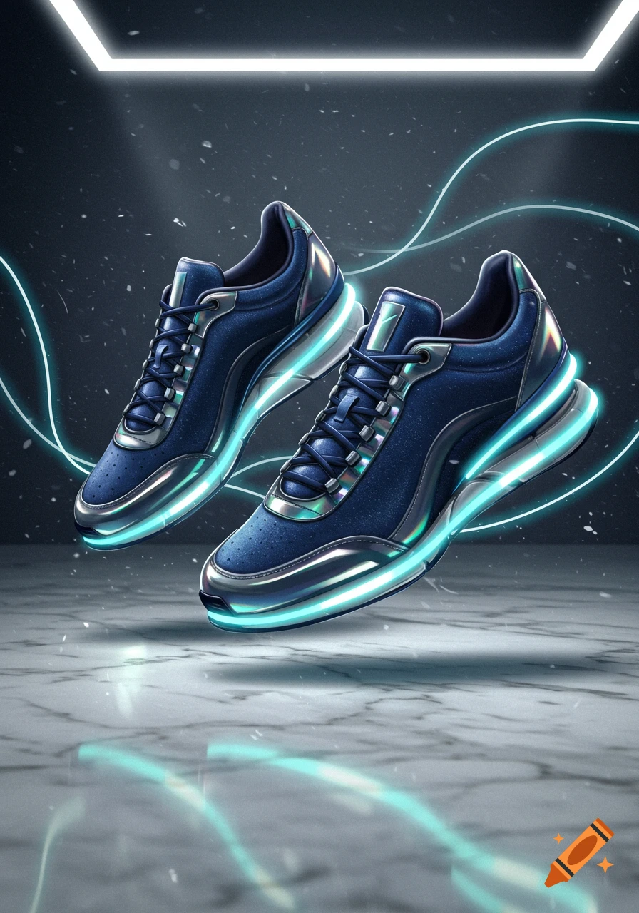 Two futuristic dark blue sneakers with glowing cyan soles and metallic accents float over a reflective marble surface, surrounded by neon light trails and an overhead rectangular light.