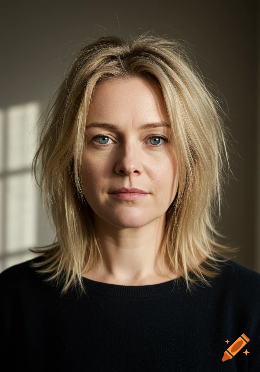 Photorealistic portrait of a blonde woman with blue eyes, looking directly at the viewer.