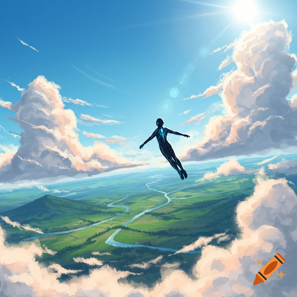 A stylized figure with glowing blue lines flies through a bright blue sky filled with fluffy clouds, over a lush green landscape with winding rivers.