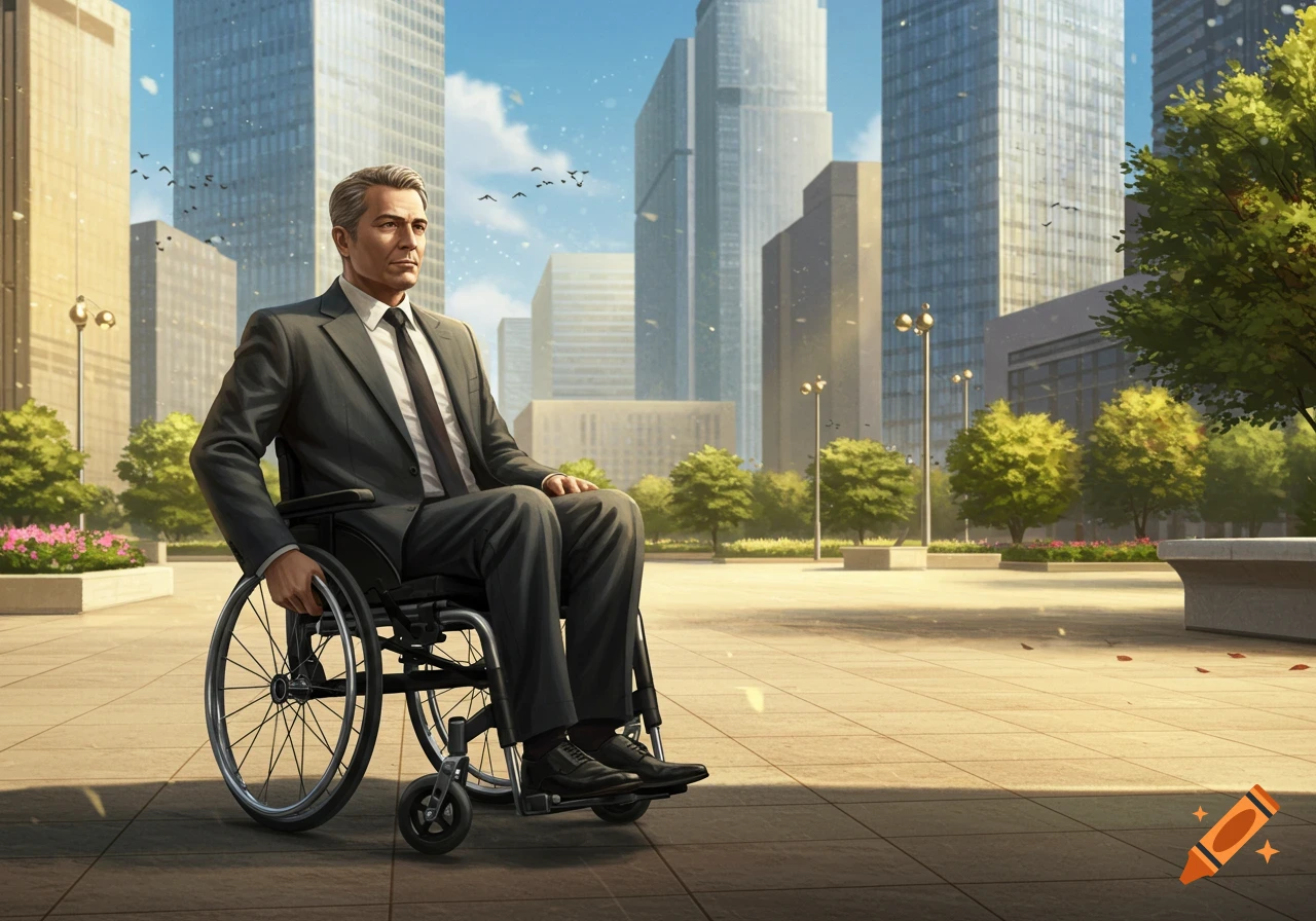 A middle-aged man in a dark suit sits in a wheelchair in a sunny city square with tall buildings and trees.