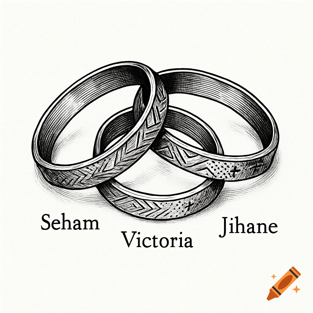 Black and white drawing of three intertwined, etched rings with the names Seham, Victoria, and Jihane.