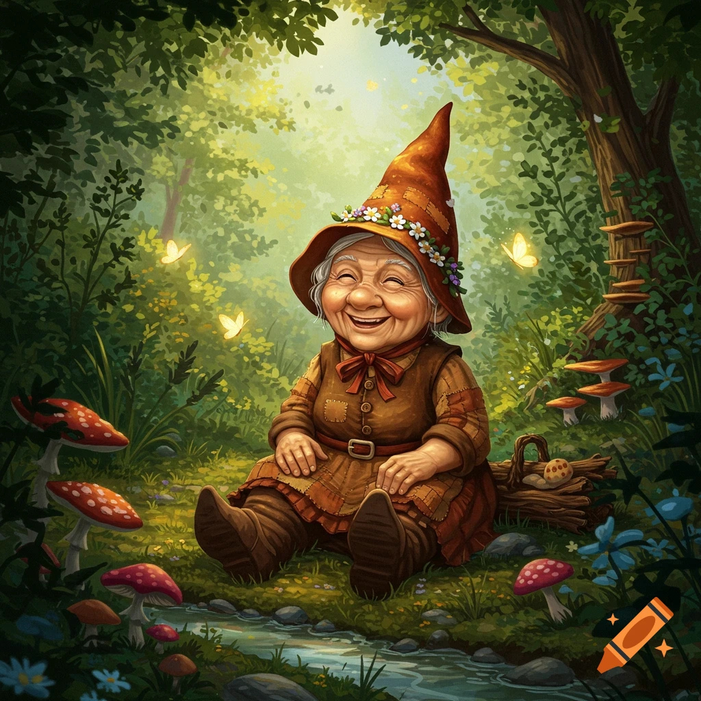 A cheerful old female gnome with a pointed hat sits smiling in an enchanted forest with mushrooms, a stream, and butterflies.