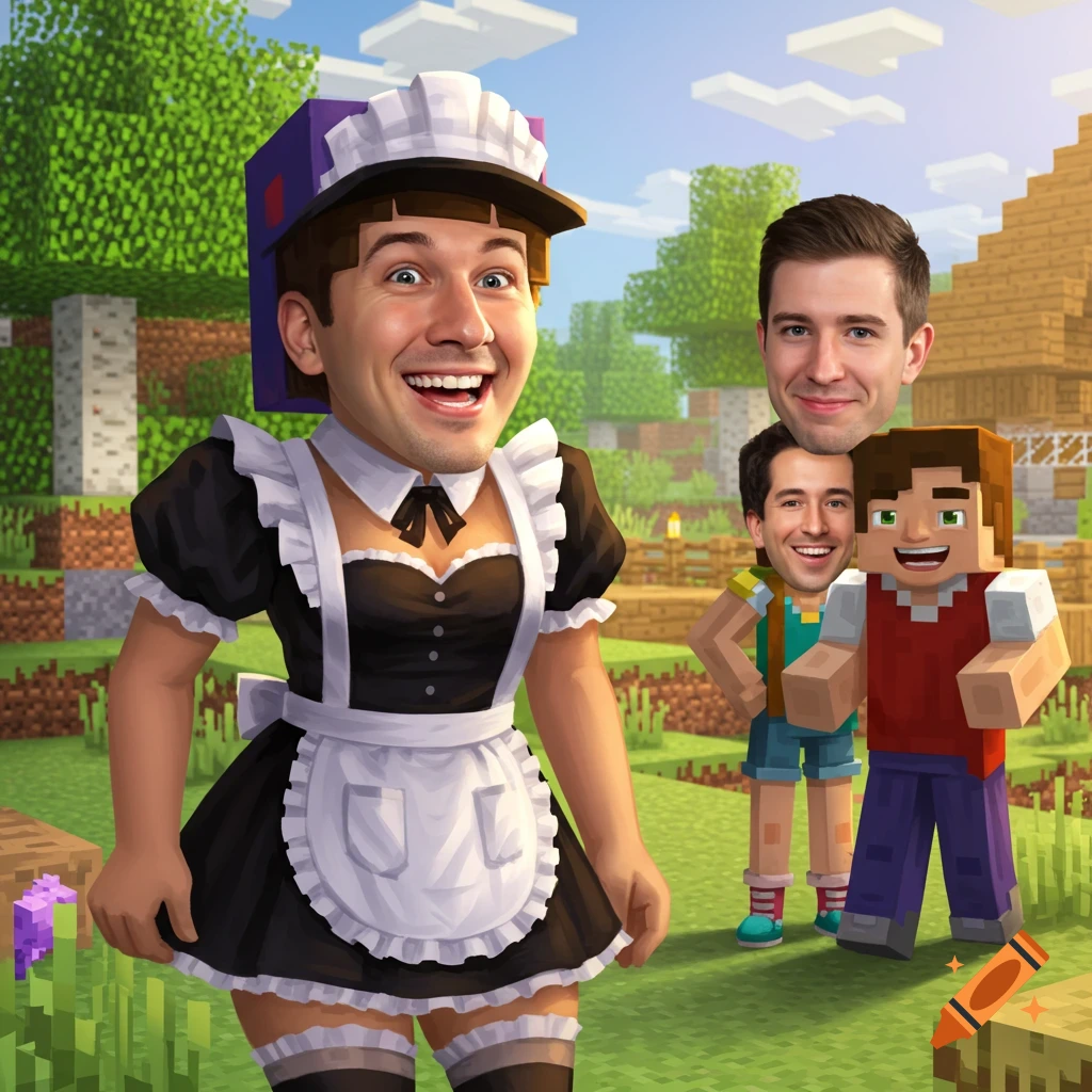 Photorealistic heads of three men, two on Minecraft-style bodies and one on a French maid's body, in a blocky Minecraft world.