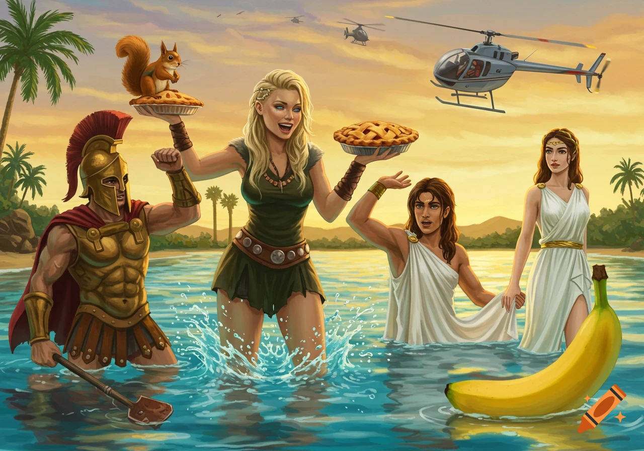 Digital art of a Viking woman, Spartan, and Greek figures in water with a giant banana, squirrel with pie, and helicopters at sunset.