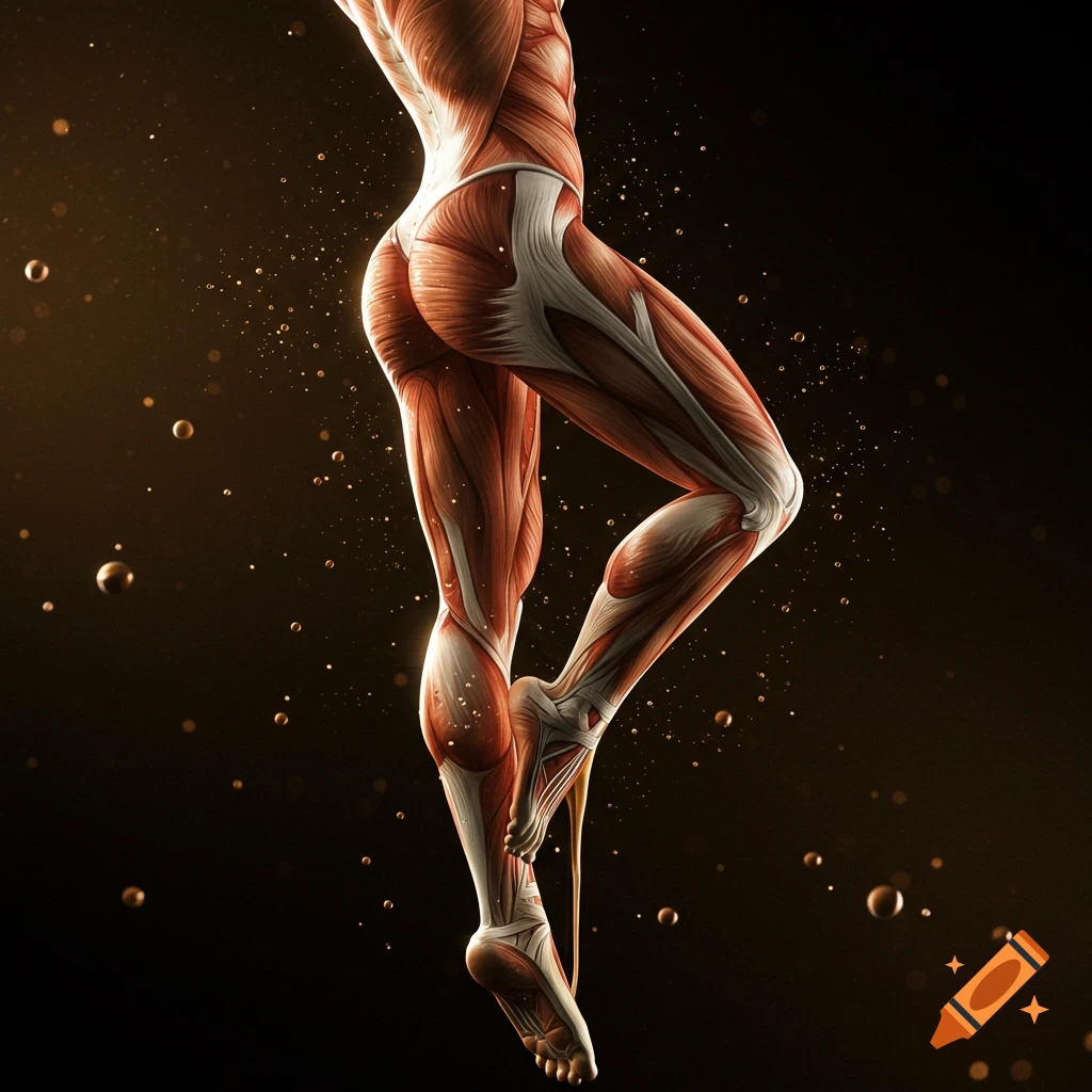 Photorealistic illustration of a human lower torso and legs, showing detailed muscles and tendons, floating against a dark background with golden particles.