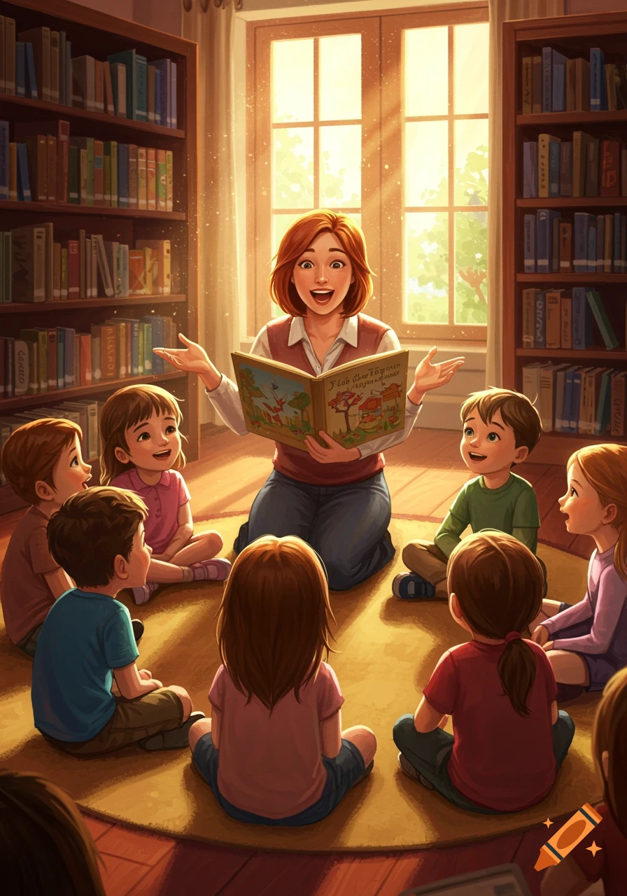 A librarian reads a colorful storybook to a group of young children sitting in a circle on a rug in a sunlit library.