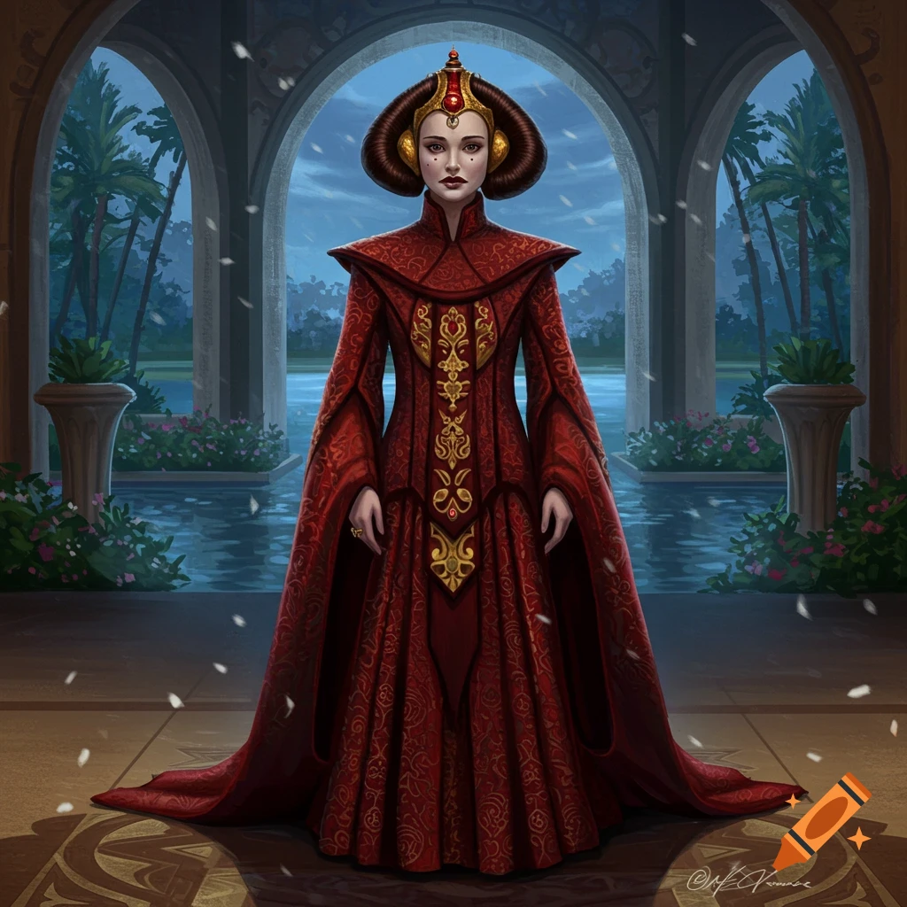 Regal woman in an ornate red gown and headdress stands in an arched outdoor corridor with a serene pool and palm trees.