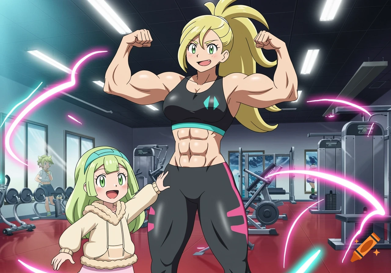 An anime style image of a muscular blonde woman flexing in a gym with a small girl next to her.