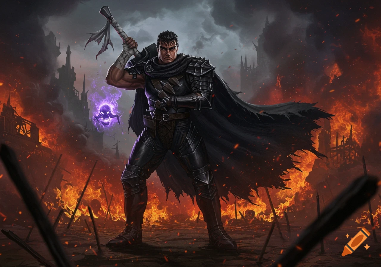 Guts from Berserk, a muscular warrior in black armor, wields a large sword amidst burning ruins and smoke in a dramatic fantasy art style.