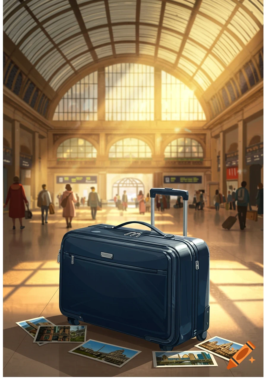 A blue trolley suitcase and scattered postcards sit on the floor of a sunlit, grand train station in a digital illustration.