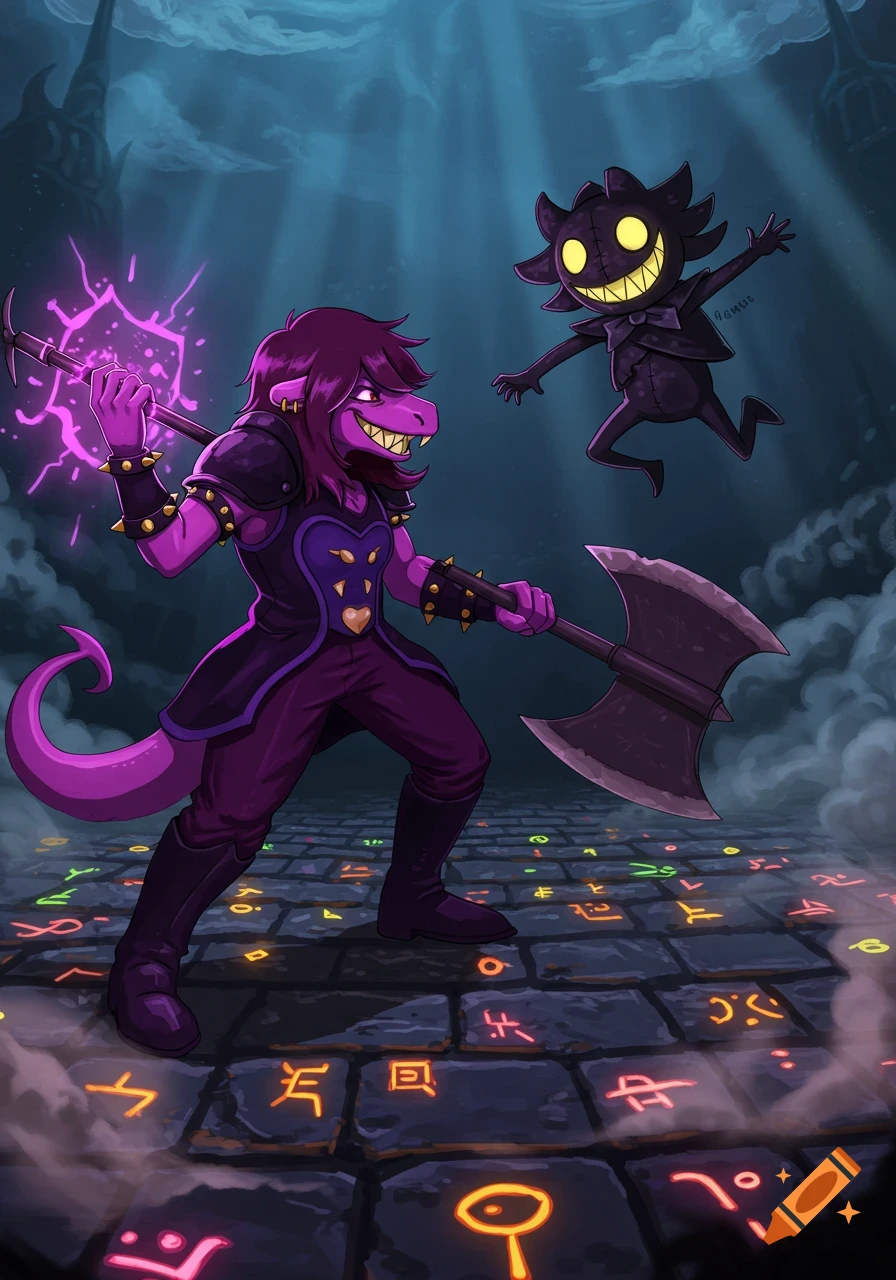 Purple lizard monster Susie with a glowing axe faces a smiling black doll on a rune-covered path in a dark fantasy setting.