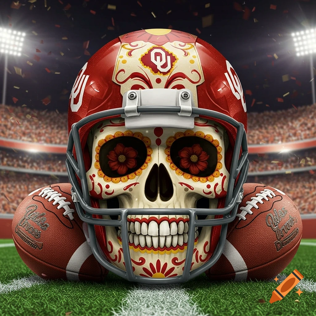 A decorative sugar skull wearing a red American football helmet with an "OU" logo, flanked by two footballs, on a grassy field in a stadium at night.