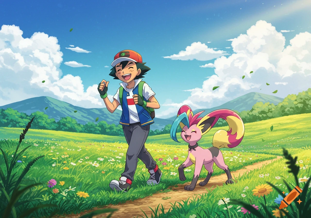 Ash Ketchum and a pink, fuchsia, and yellow Pokémon with large ears walk happily along a path in a flower field.